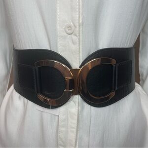 Black PU leather gold tone buckle elastic waistband belt